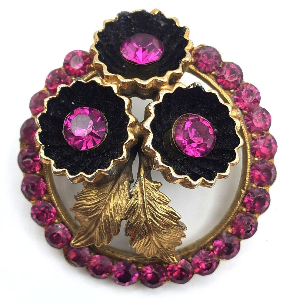 Magenta Pink Flower Bouquet Brooch Rhinestone Dome Pin Gold Leaf Vintage Round